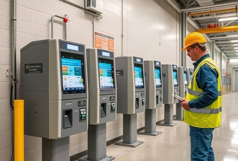 Técnico realizando el mantenimiento de un terminal de autoservicio